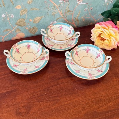 Minton Persian Rose Cream Soup Cup & Saucer Sets Lot of 3 Vintage English China