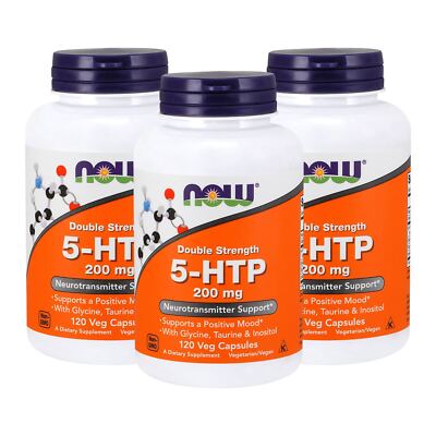 3 x NOW 5 HTP 200 mg Double Strength 120 Veg Caps Supports Positive Mood