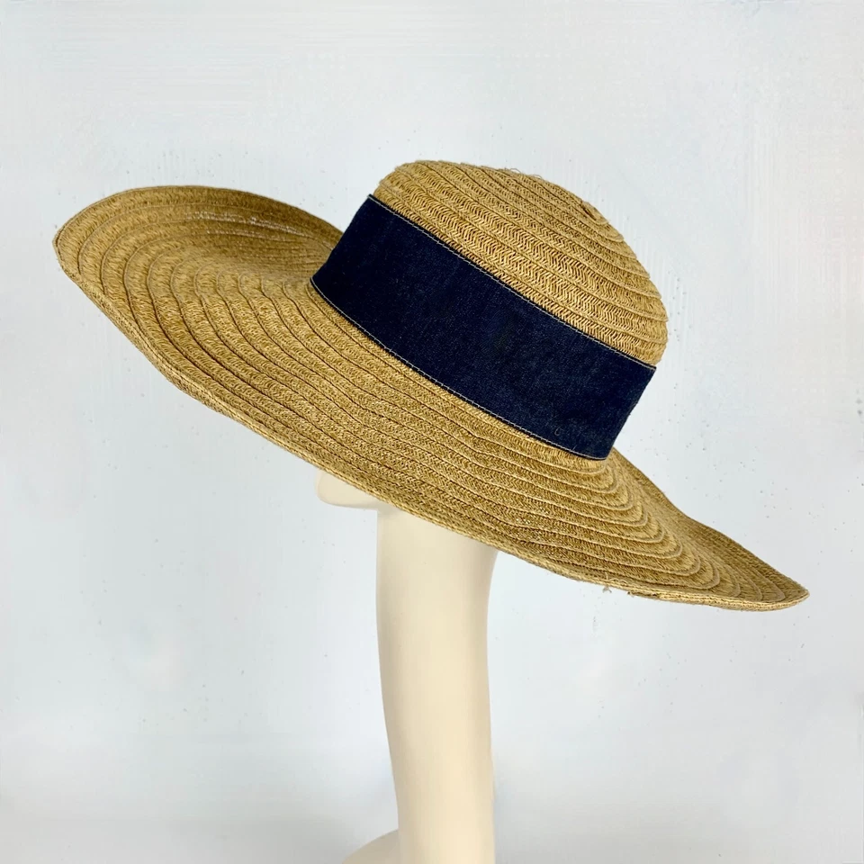 Nine West Straw Sun Hat One Size Very Wide Brim Blue Denim Band Excellent - Image 4 of 4