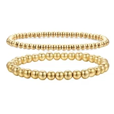 14K Gold Plated Stainless Steel Bead Beaded Stretch Bracelet Women 6mm 4mm T18