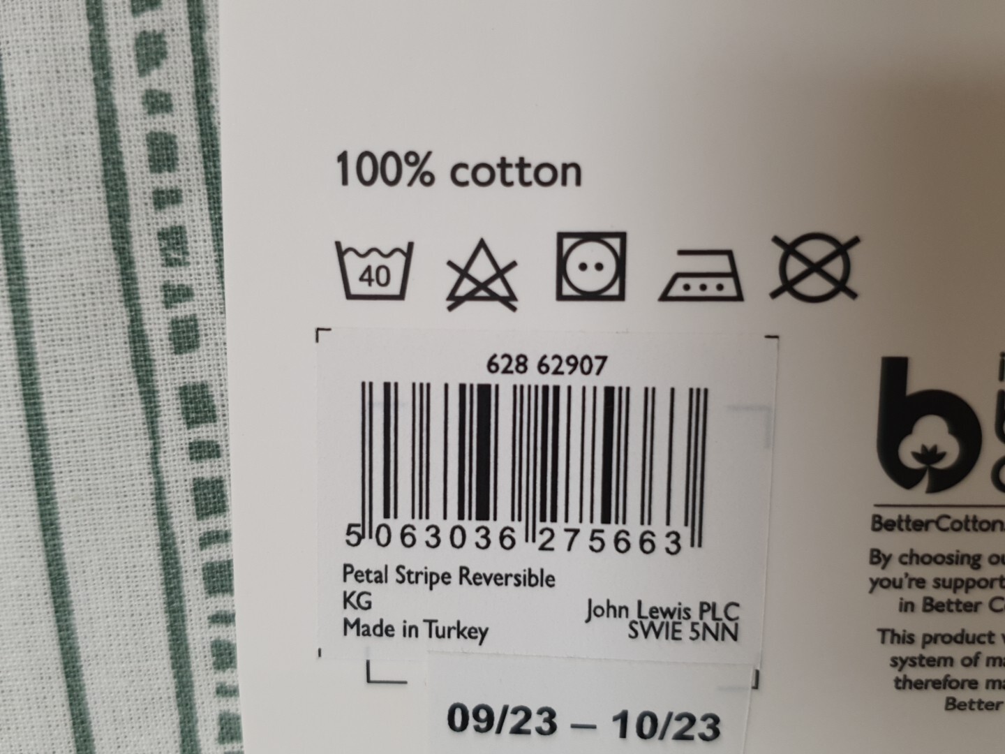 John Lewis sage green Petal Stripe reversible king size duvet cover NWT