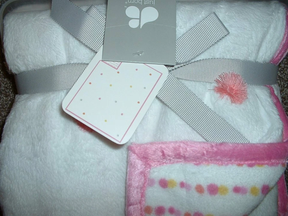 Just Born White Pink Fringe Colored Dot Baby Blanket Minky Fleece Girls NWT RARE - Image 2 of 4