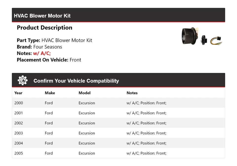 Kit de motor soplador delantero 4 estaciones 2001 2002 Ford Excursion 2000-2005 Foto 2 de 3