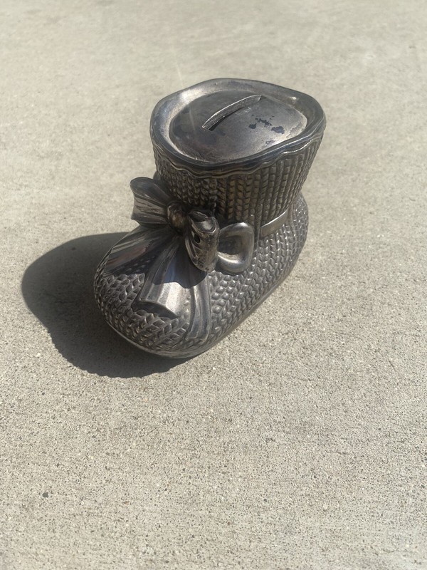 VTG Raimond Silverplate Baby Bootie Coin Bank, 4"x3"x2.5"