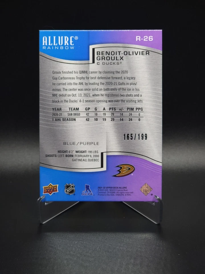 Benoit-Olivier Groulx 2021-22 Upper Deck Allure Blue/Purple Rainbow RC #165/199 - Image 3 of 4