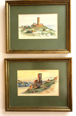 Set of Two Vintage Rhine Castles Views Watercolor Paintings Germany  Signed