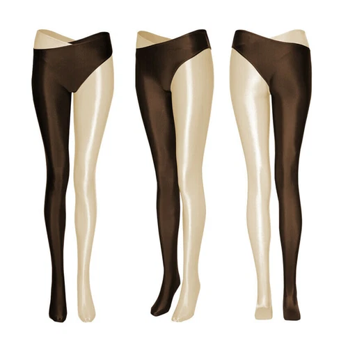 Women Shiny Glossy Seperated 2 Legs Pantyhose Open Crotch Sports Yoga Stockings - Picture 9 of 27