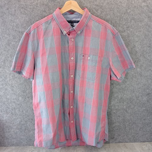 Camisa de manga corta para hombre TOMMY HILFIGER XL roja gris algodón a cuadros
