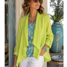 Chico's Francesca Linen Flyaway Jacket Soft Lime Green Open Front NWT Size S