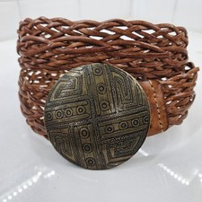 VTG CHICO'S Brown Woven Leather Braided Belt Tooled Brass Disc Hook Buckle Sz M