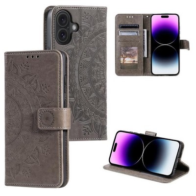 Geprägte Ledertasche mit Totem Blumenmuster für iPhone 16 Plus - Grau