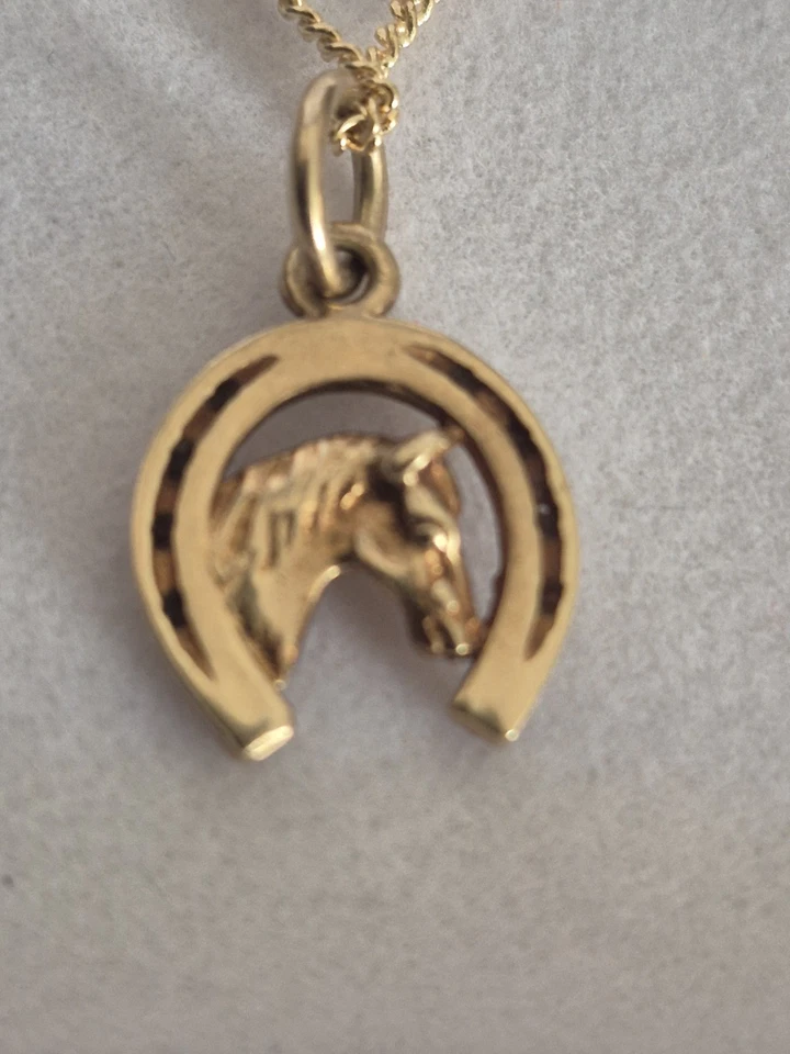 Colgante cabeza de caballo y zapato de caballo de oro macizo de 9 quilates 1,4 gm 10 mm de ancho x 14 mm de alto en caja Foto 2 de 2