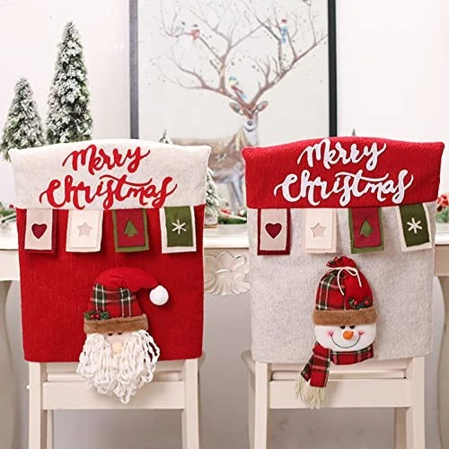 Christmas Chair Back Covers Set of 6, 3D Cute Santa Claus Snowman Reindeer - Image 2 of 4