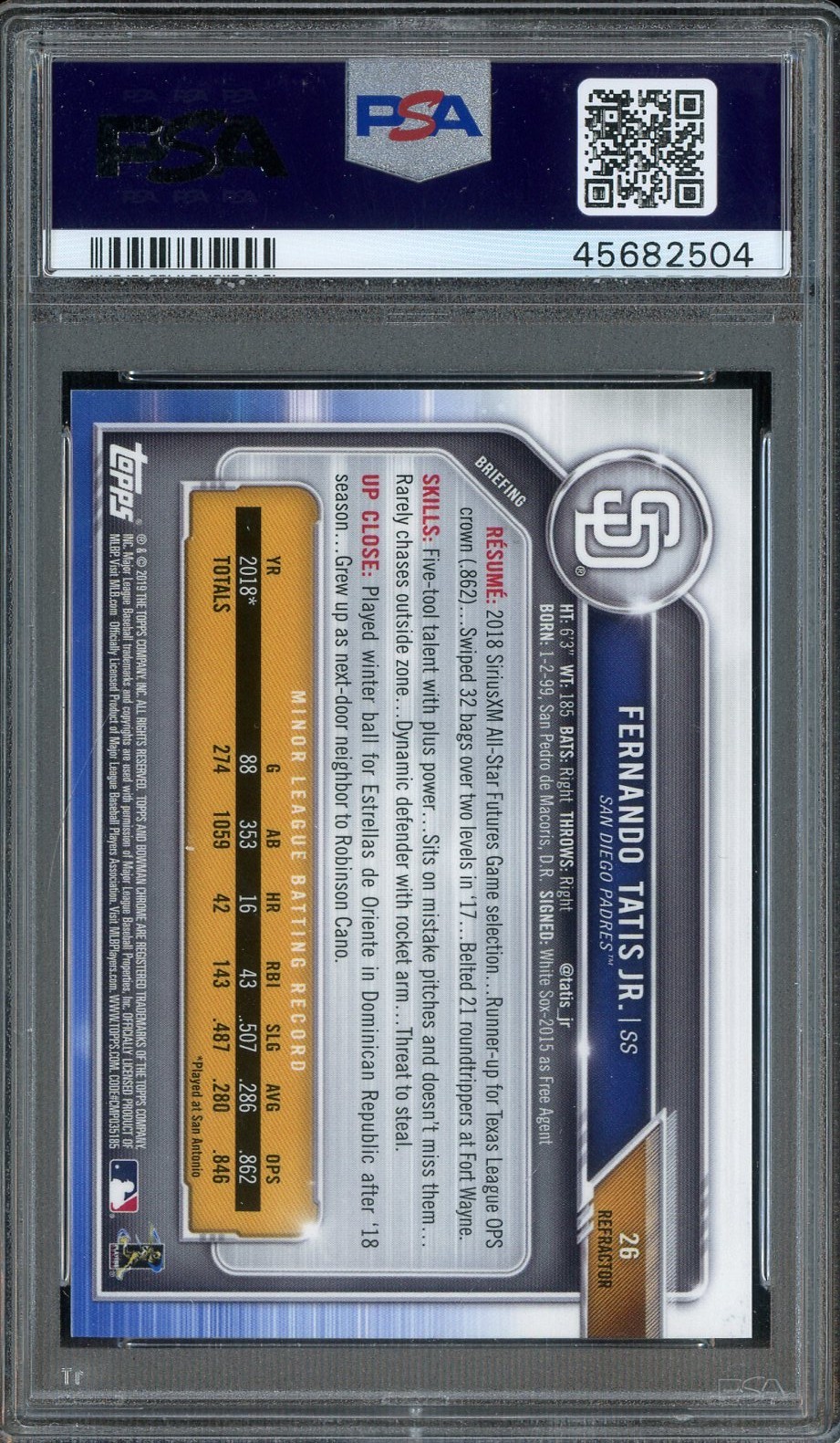 2019 Bowman Chrome Refractor #26 Fernando Tatis Jr RC Rookie /499 PSA 10 view 2