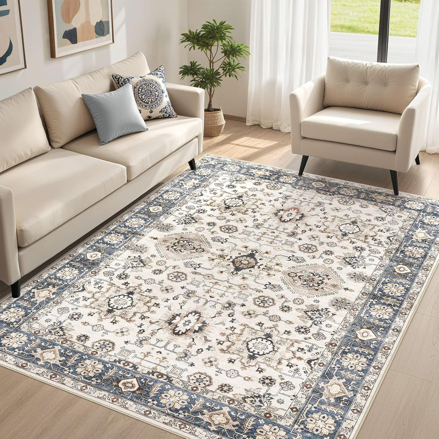 Area Rugs for Living Room: 5X7 Washable Rug Vintage Pattern Large Non-Slip Stain