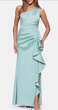 Xscape Ruffle Detail One-Shoulder Mikado Sheath Gown, Sage, Sz 4, New