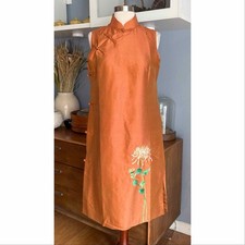 Kami  s Raw Silk Orange Chinese Qipao Cheongsam Dress Floral Embroidered Sz 2