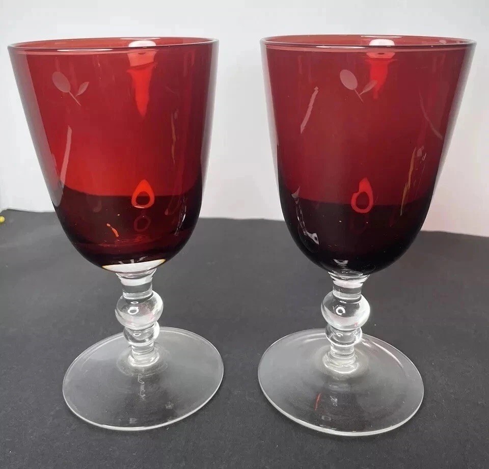 "Juego de 2 tazas de vidrio de oporto rojo rubí vástago transparente 6,5"" vino soplado a mano forma de campana"