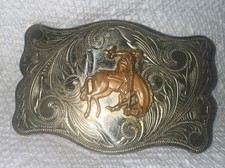 Vintage Nickel Silver Bucking Horse Cowboy Belt Buckle