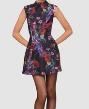 Avec Les Filles Women's Black Printed Mock-Neck Fit & Flare Dress Size 8