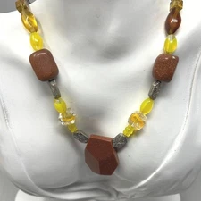 Brown and Yellow Beaded Necklace Silver Tone Accents