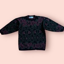 Vtg 80  s Sweater Black Pink Roses AOP Colorful Flowers Grandmacore Kawaii Fairy