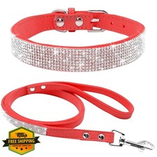 Haoyueer Red Suede Dog Collar Leash Set Rhinestone Crystal Jeweled