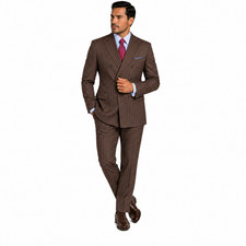 Brown Vinci Men's Wool Feel 6-Button Striped Double-Breasted Classic Fit Suit