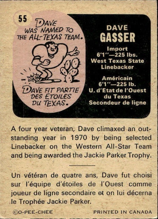 1971 O-Pee-Chee CFL Football SET BREAK #55 Dave Gasser NMMT - Image 2 of 2