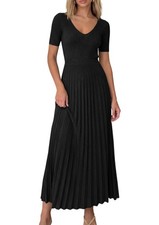 Women's Summer Midi Pleated Sweater Dress (Black,L)