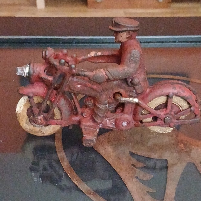 Vintage Cast Iron Toy Motorcycle with Rider Figure, Age 17 Years & Up