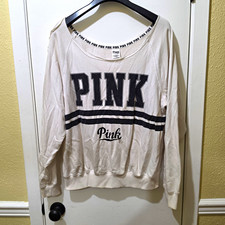 PINK Victoria's Secret Logo Fleece Pullover Sweatshirt Womens Size L White Black