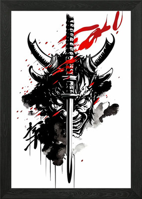 Oni Maske und Katana Illustration gerahmtes Wandbild Poster Leinwanddruck Bild