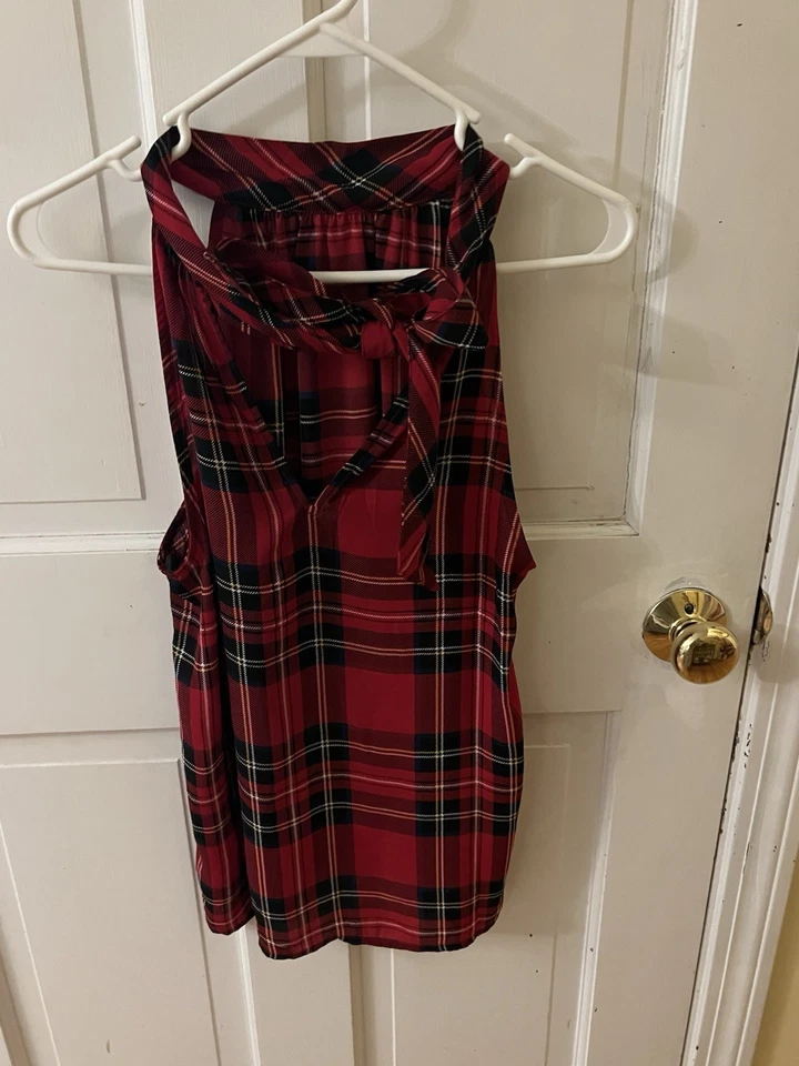 Camiseta sin mangas J-Crew tartán cuello atado roja y negra talla 2 Foto 3 de 3