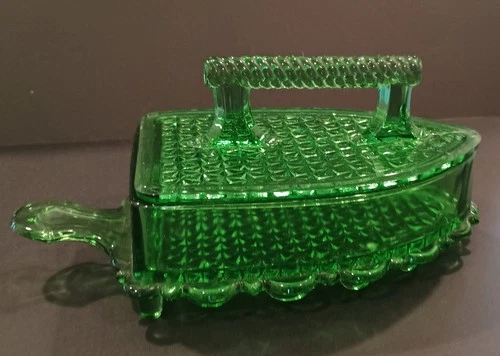 Vintage Green Depression Glass "Flat Iron" Shaped, Diamond Pattern Footed Dish
