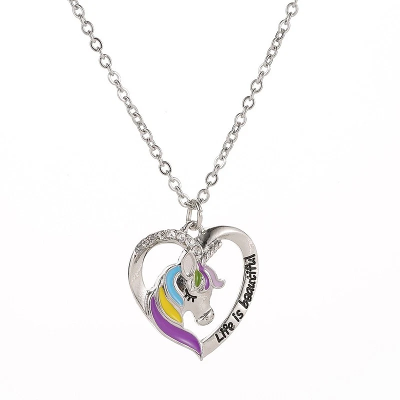 Damen Halskette Anhänger Silber Herz Einhorn Strass Geschenk Party Strand - Bild 2 von 3