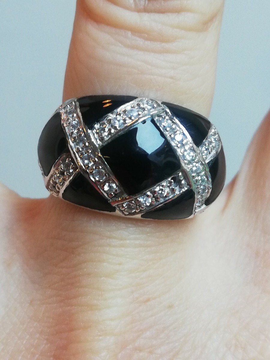 Bague Ancienne En Argent 925 Avec Onyx Et Zircons - Taille 54 - Occasion