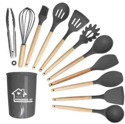 12tlg Küchen-Starter-Set Holz Silikon Koch Utensilien Helfer Löffel Kelle Zange