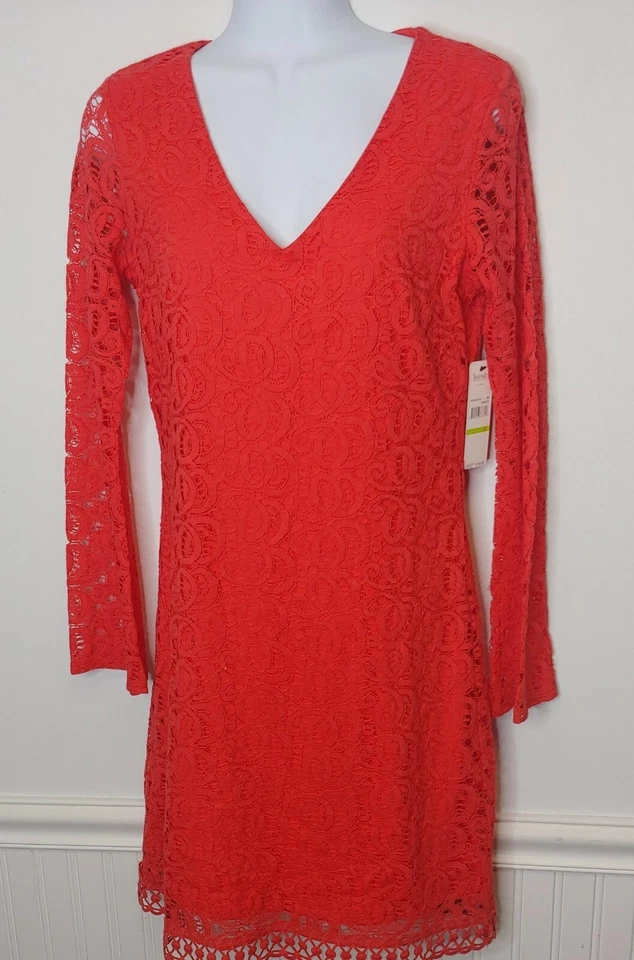 NWT Laundry By Shelli Segal Dress Women 4 All Over Lace Orange L/S Vneck Mini - Image 3 of 4