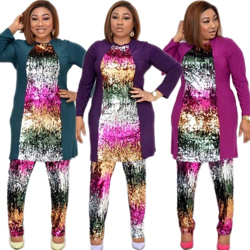 Sequins Women African Two Piece Long Sleeve Tops Pants Lady Outfits Set Fashion - 第 2/26 張圖片