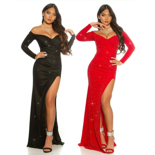 Abito vestito lungo donna Sera sexy schiena glitter spacco alto nuovo | eBay