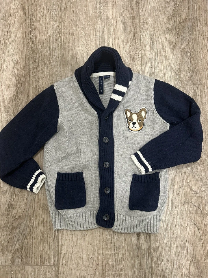 Janie and Jack Boy's Grey Blue Bulldog Cardigan Sweater Shawl Collar 5 - Image 2 of 4