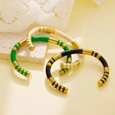 Woman 18k Gold Plated Stainless Steel Enamel Opening Bracelet Bangle Cuff
