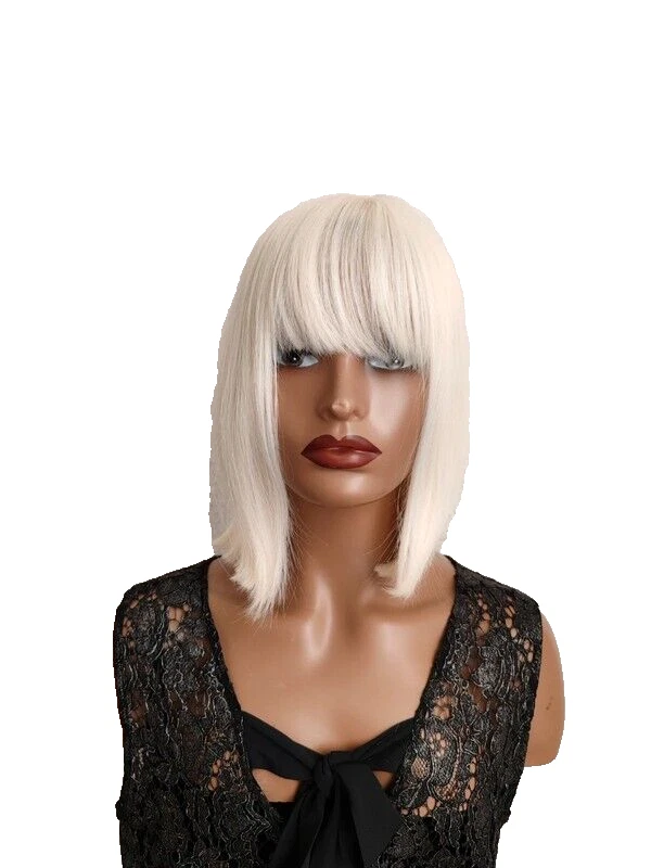 Perruque dame carré long frange courte lisse blond blanc platine - Photo 2/4