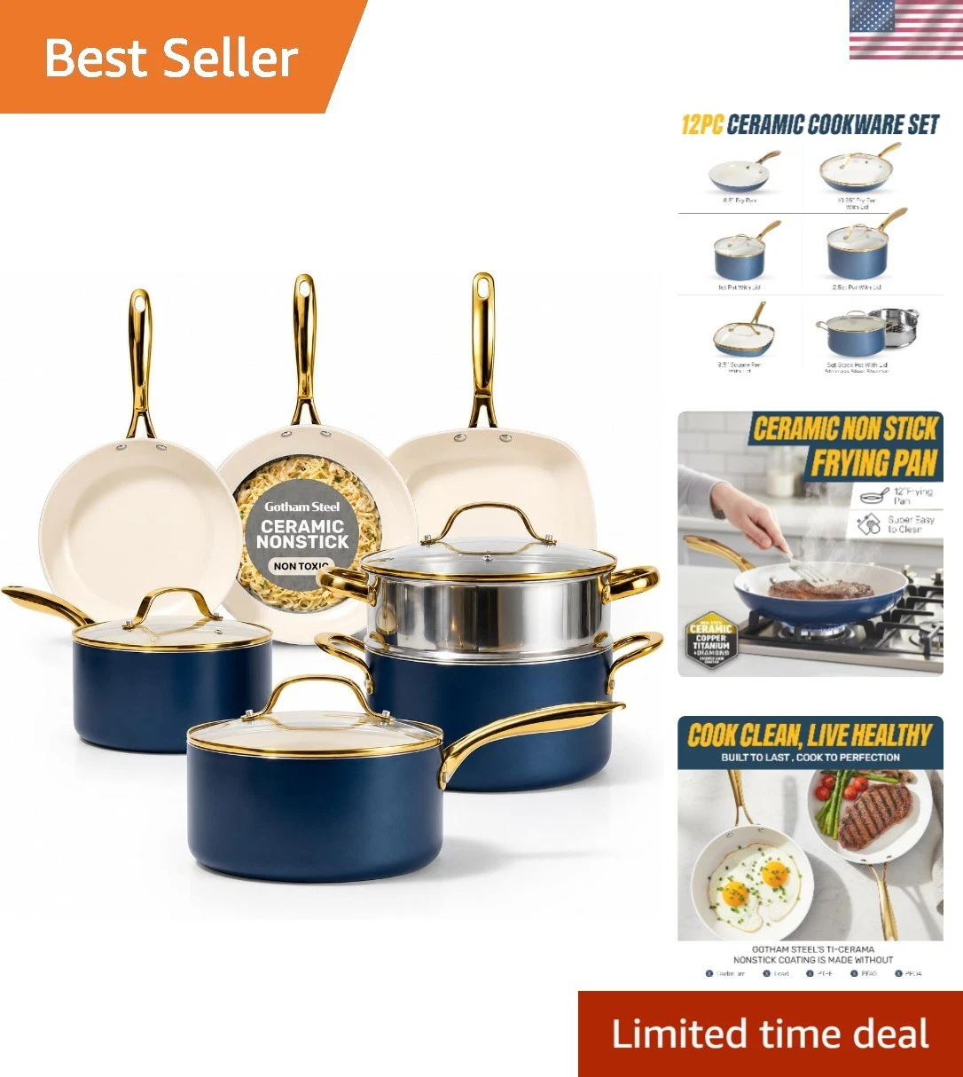 12 Pc Ceramic Cookware Set Nonstick, Ceramic Pots and Pans Set Non Stick with...