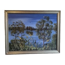 Large Vintage Lake Landscape Oil Painting ? Blue Waters & Trees ? 28.5 x 22.5