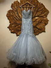 Morilee Madeline Gardner Light Blue Mermaid Dress Size 2 Tulle Beaded Floral