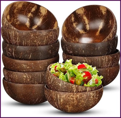 Cuencos de coco para servir platos, ensalada de madera, cuenco reutilizable de
