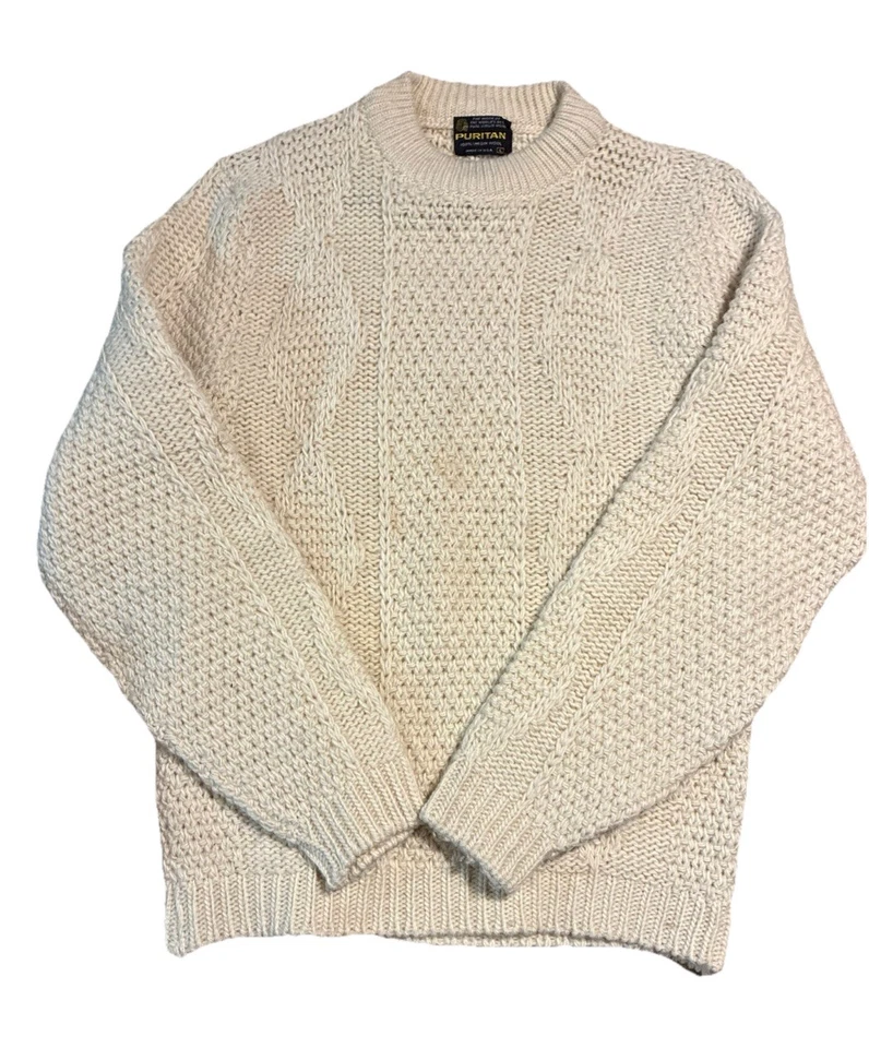VTG Puritan 100% Virgin Wool Cable Knit Sweater Cream Size Large - Image 3 of 4