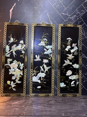 Vtg Chinese Black Lacquer Wall Panels Set 3 Mother Of Pearl Inlay 24 
